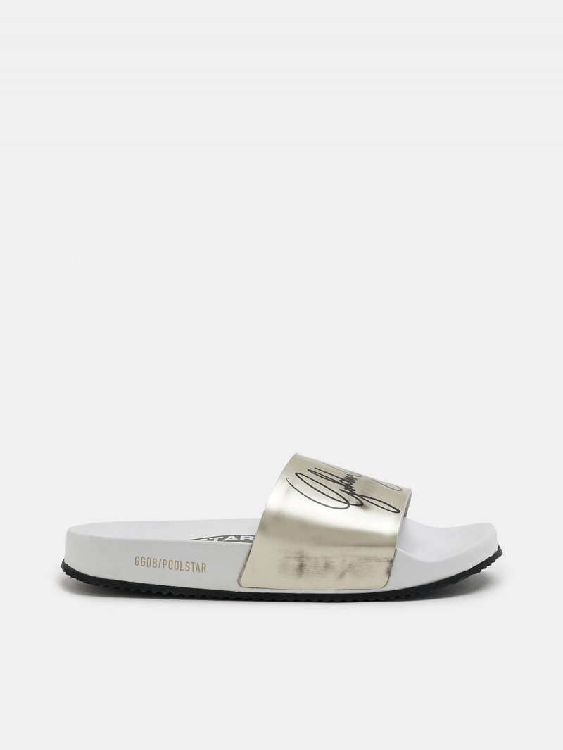 Women's white Poolstars with gold strap