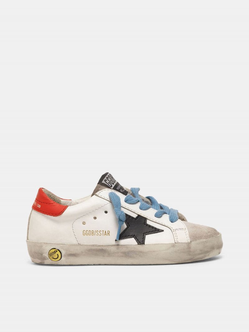Super-Star sneakers with red heel tab and sky blue laces