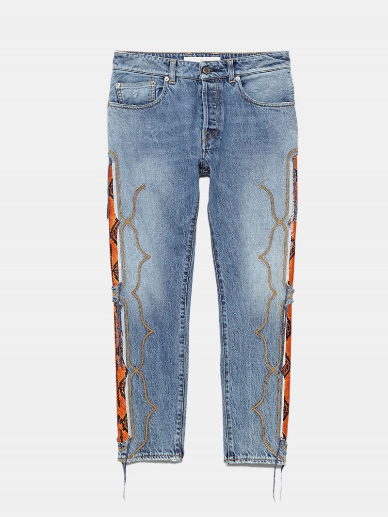 Jolly jeans with snakeskin print leather inserts and embroideries