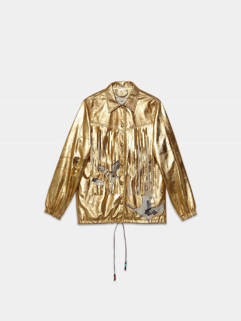 Ayumi jacket in gold leather with patches and fringe