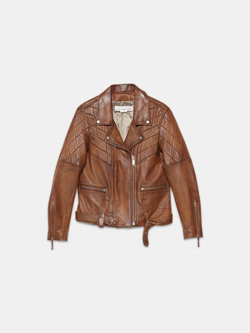 Yasu biker jacket in brown nappa leather with star print