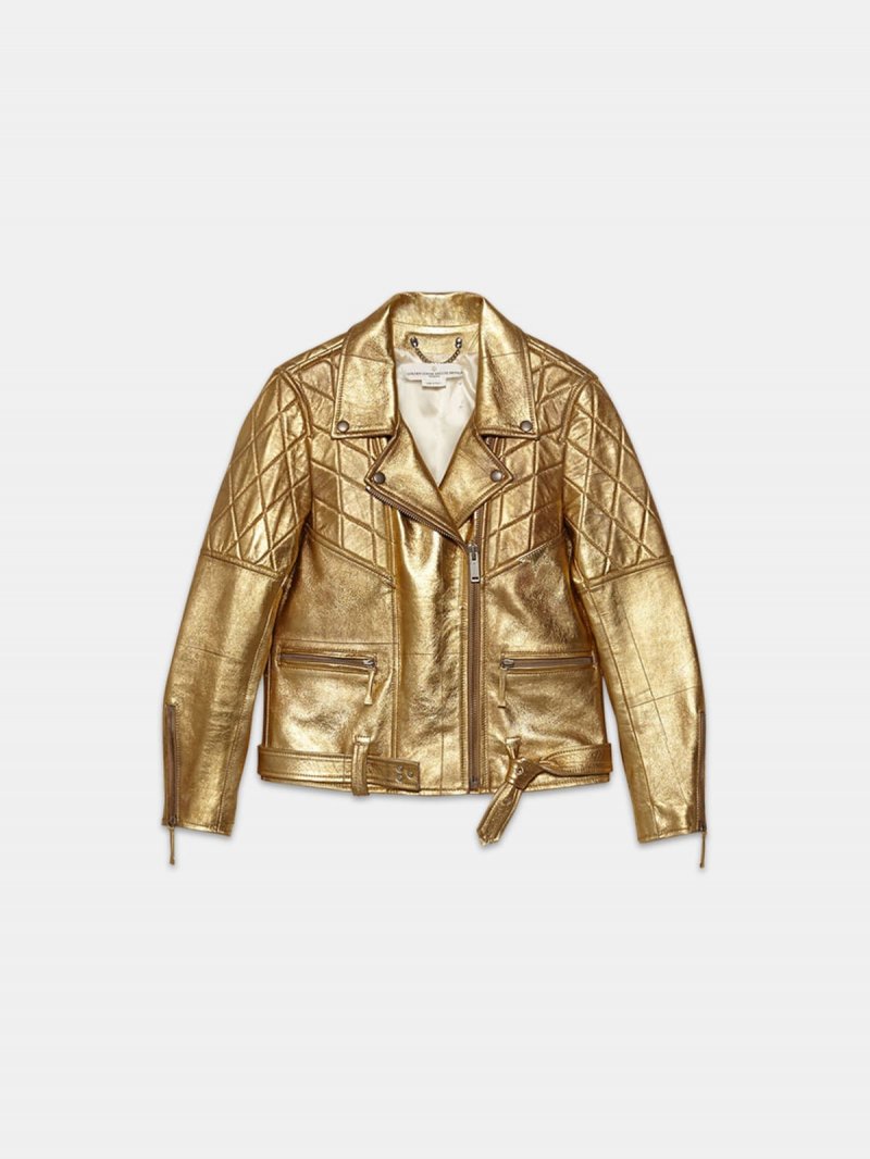 Yasu biker jacket in gold leather with star print
