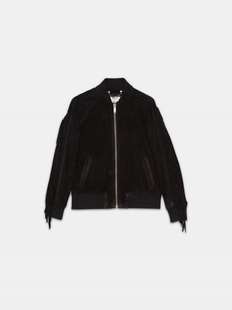Akiko bomber jacket in suede leather with fringes on the sleeves