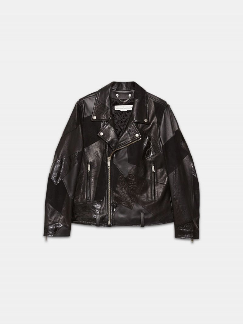 Patchwork effect leather biker jacket