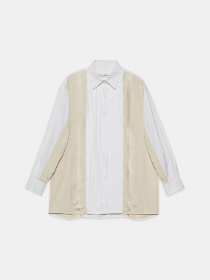Susen shirt in cotton with sunray pleats and inserts in satin