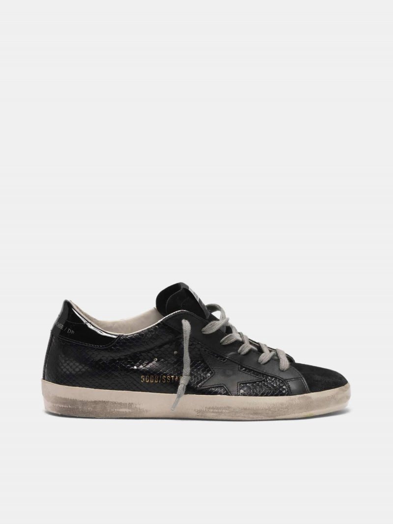 Super-Star sneakers in total black suede and snakeskin print leather