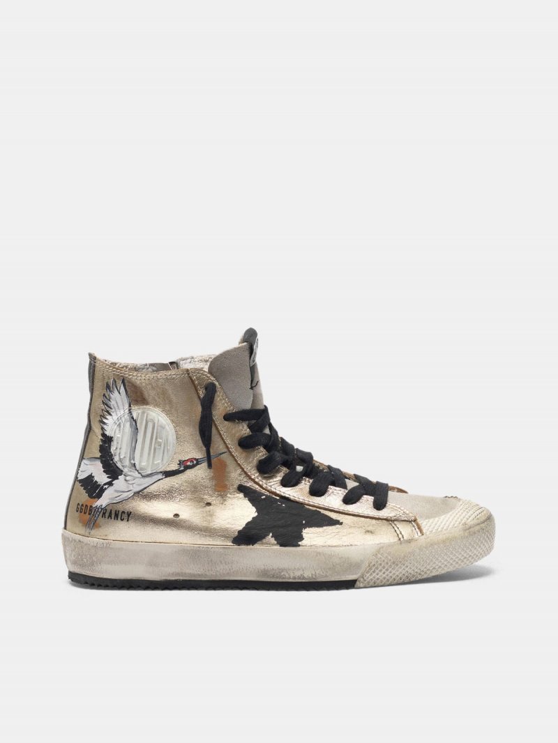 Gold-coloured Francy sneakers with hand-painted crane