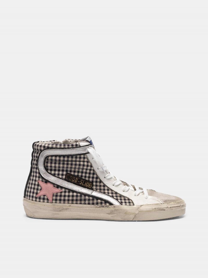 Checked Slide sneakers with pink star and holographic detail