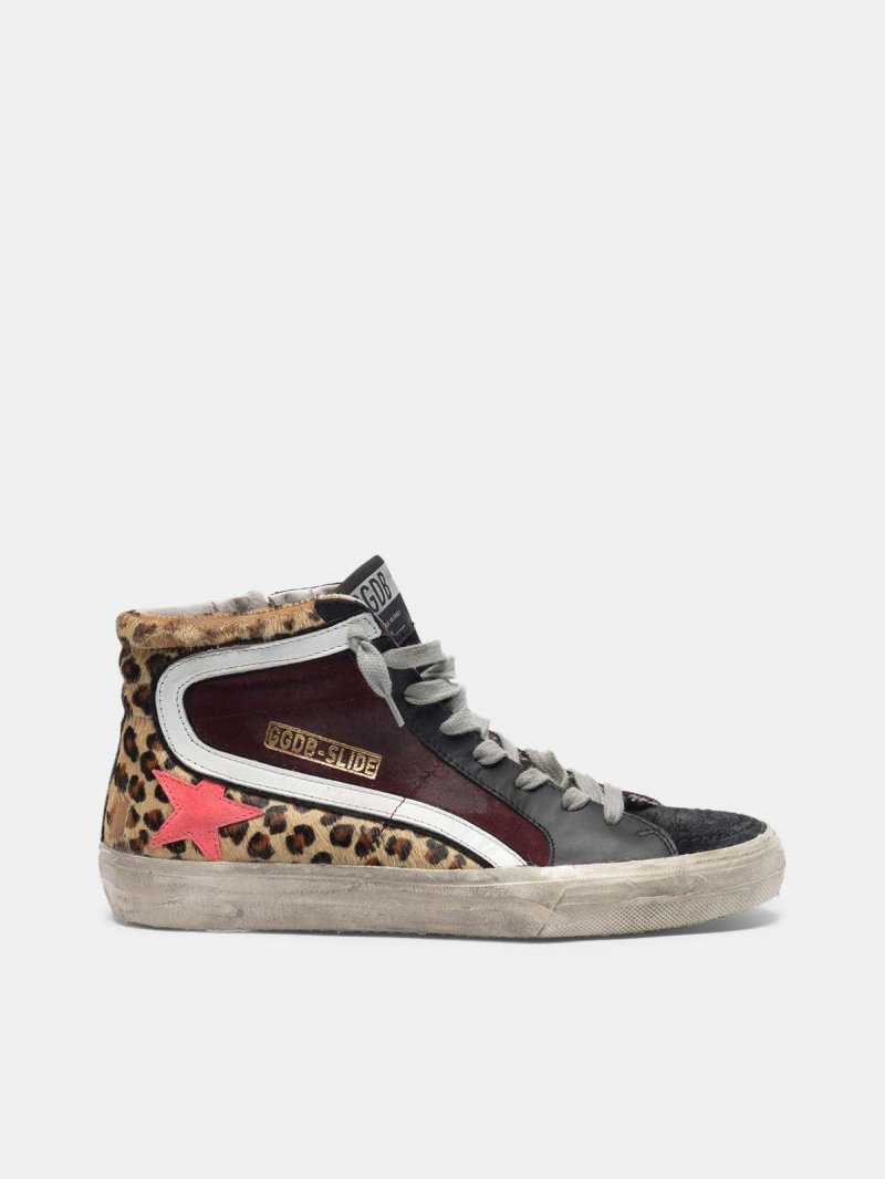 Slide sneakers in leopard print pony skin and suede with pink star