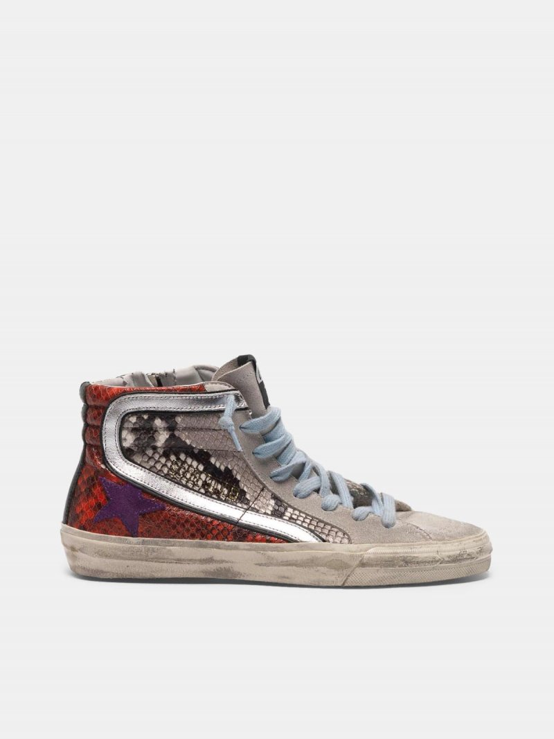 Slide sneakers with multi-coloured snakeskin print