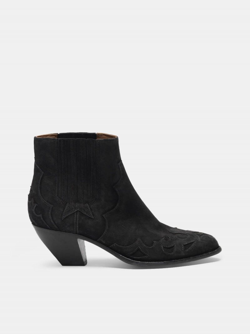 Sunset Flowers ankle boots in suede with cowboy-style decoration