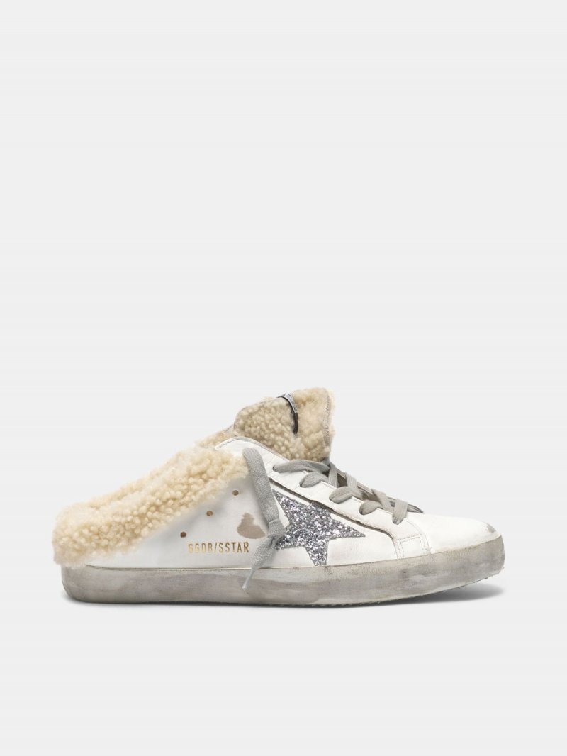 Super-Star sneakers in sabot style with shearling insert and glitter star