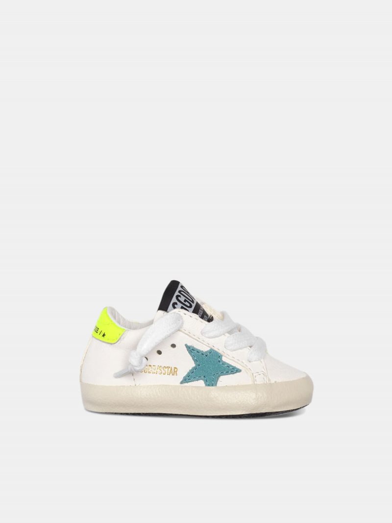 Super-Star sneakers with blue star and fluorescent yellow heel tab