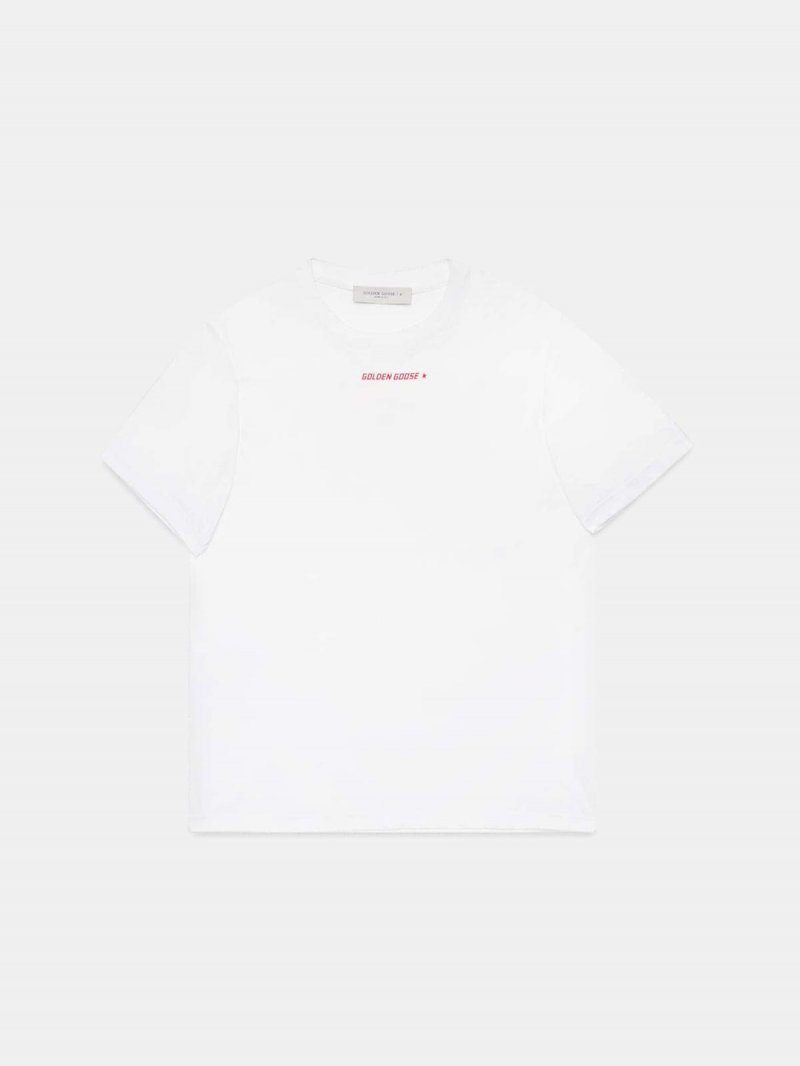 White Golden T-shirt with red flag print on the back