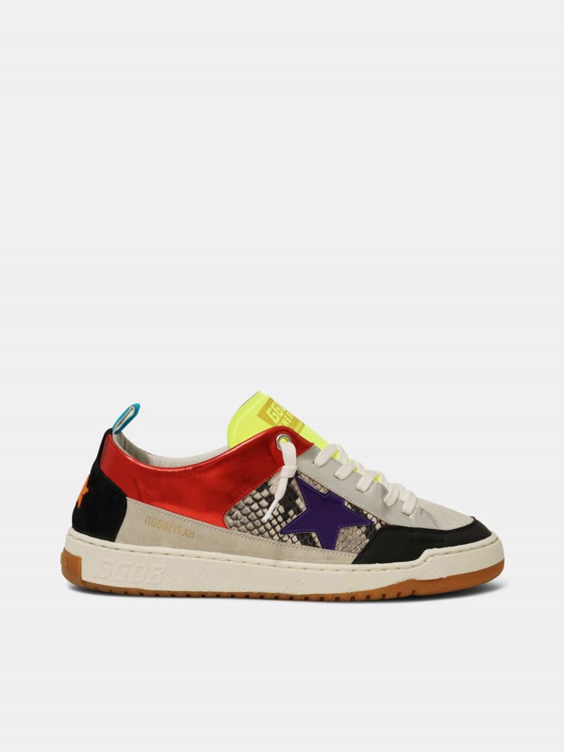 Red Yeah! sneakers with purple star and snakeskin-print insert