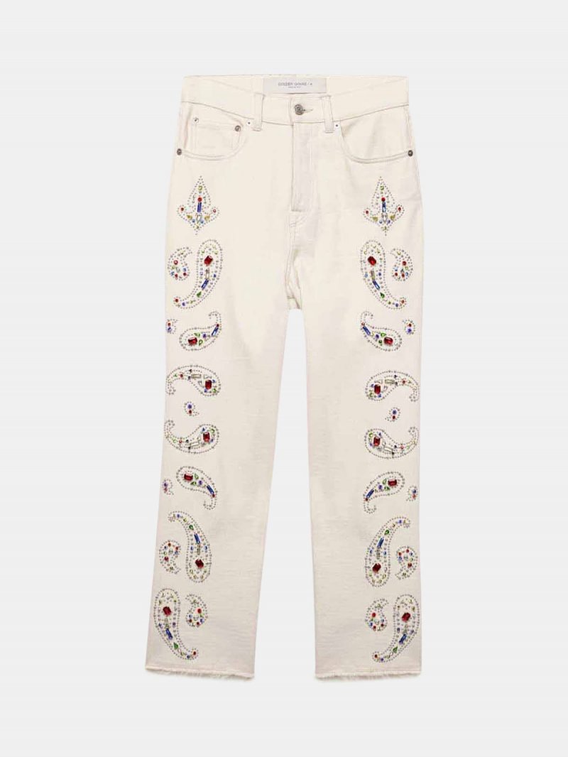 Texas denim jeans with rhinestone and stud-embroidered decorations