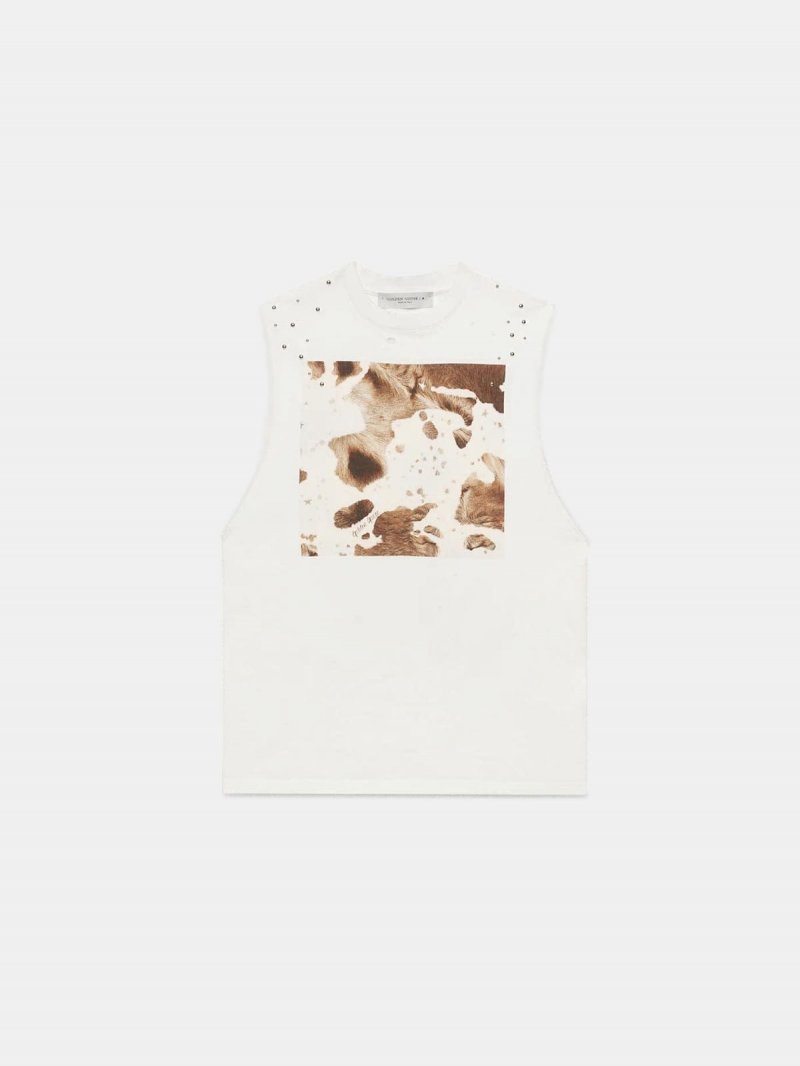 White sleeveless Marfa T-shirt with Cow print