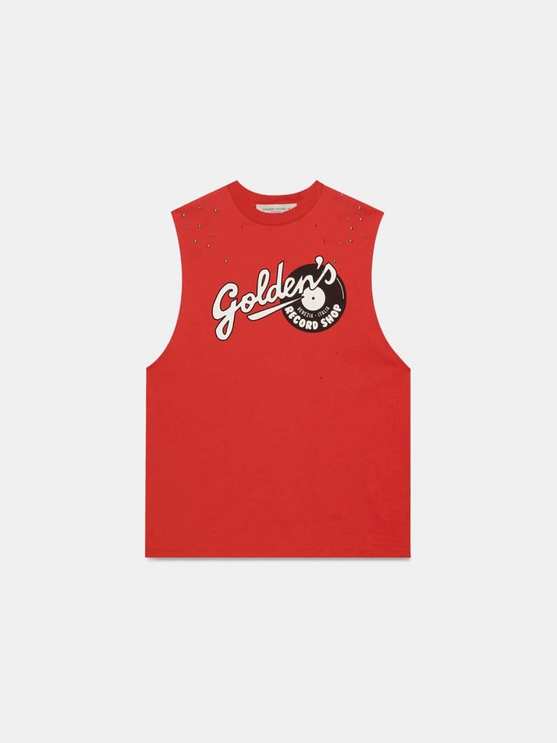 Red sleeveless Marfa T-shirt with Golden print