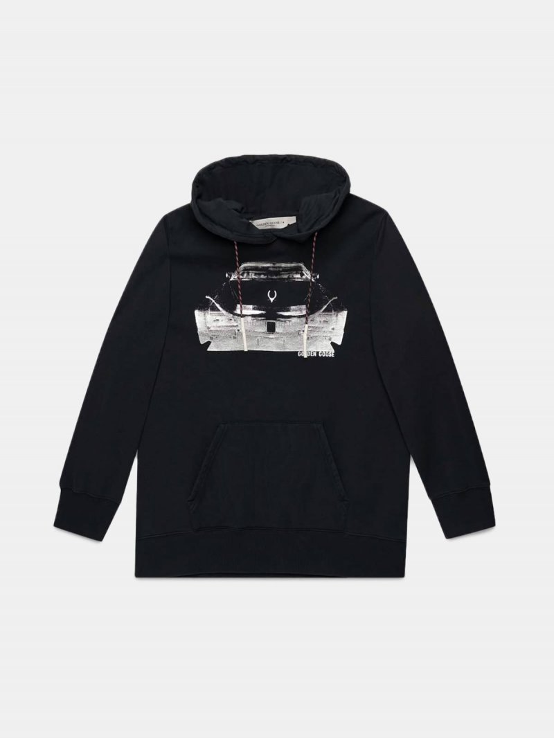 Black Autumn sweatshirt with hood and Cadillac print