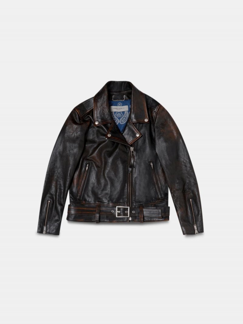Victoria biker jacket in black mustang nappa leather with print on the back
