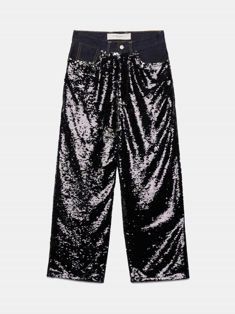 Breezy trousers with reversible sequins and denim
