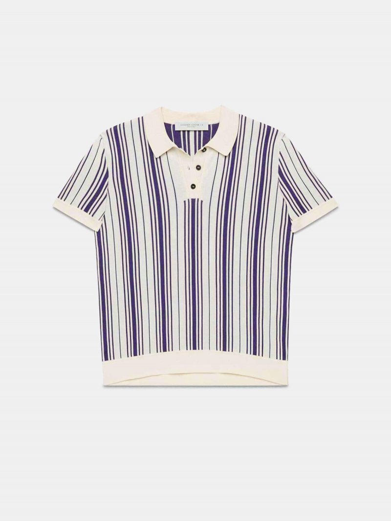 Violet polo shirt in cotton blend with purple stripes