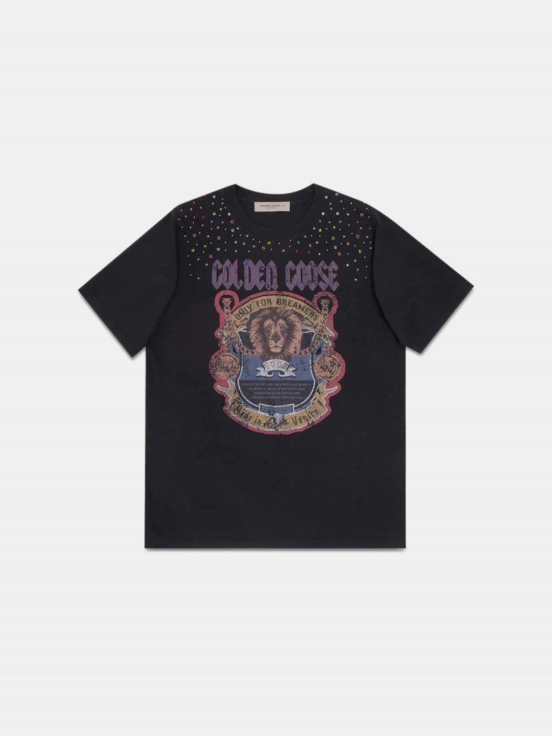 Black oversize T-shirt with lion print and crystals