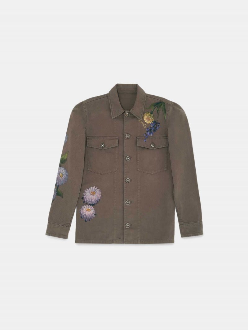 Layla olive-green jacket with hand-painted flowers