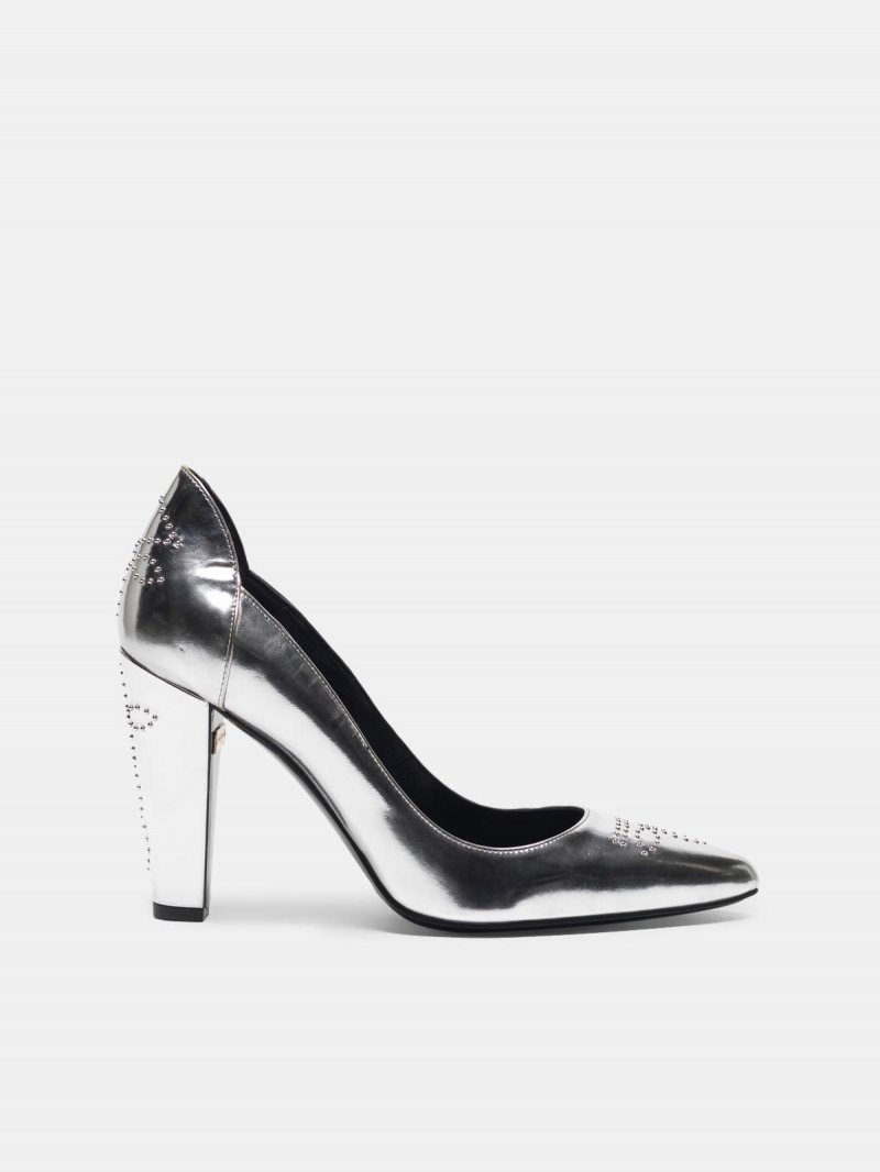 Silver mirror-finish Gabrielle pump with studs