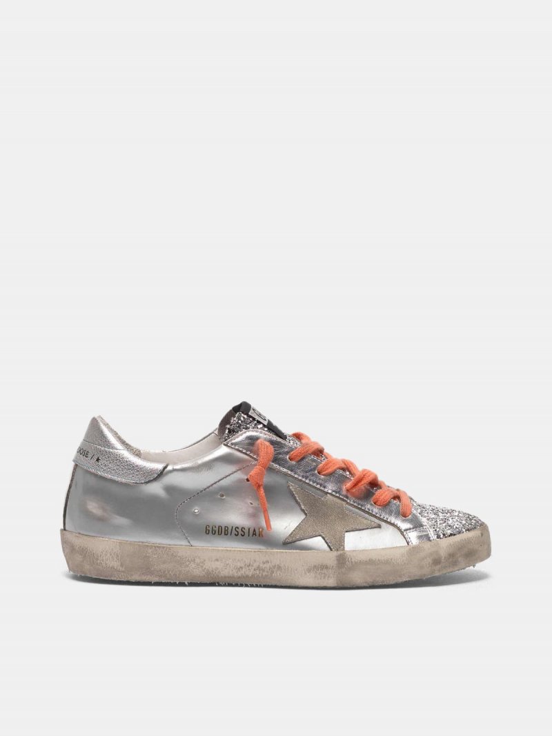 Super-Star sneakers in silver laminated leather and glitter