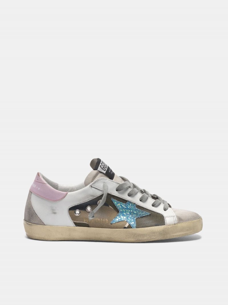 Camouflage Super-Star sneakers with glittery star and pink heel tab