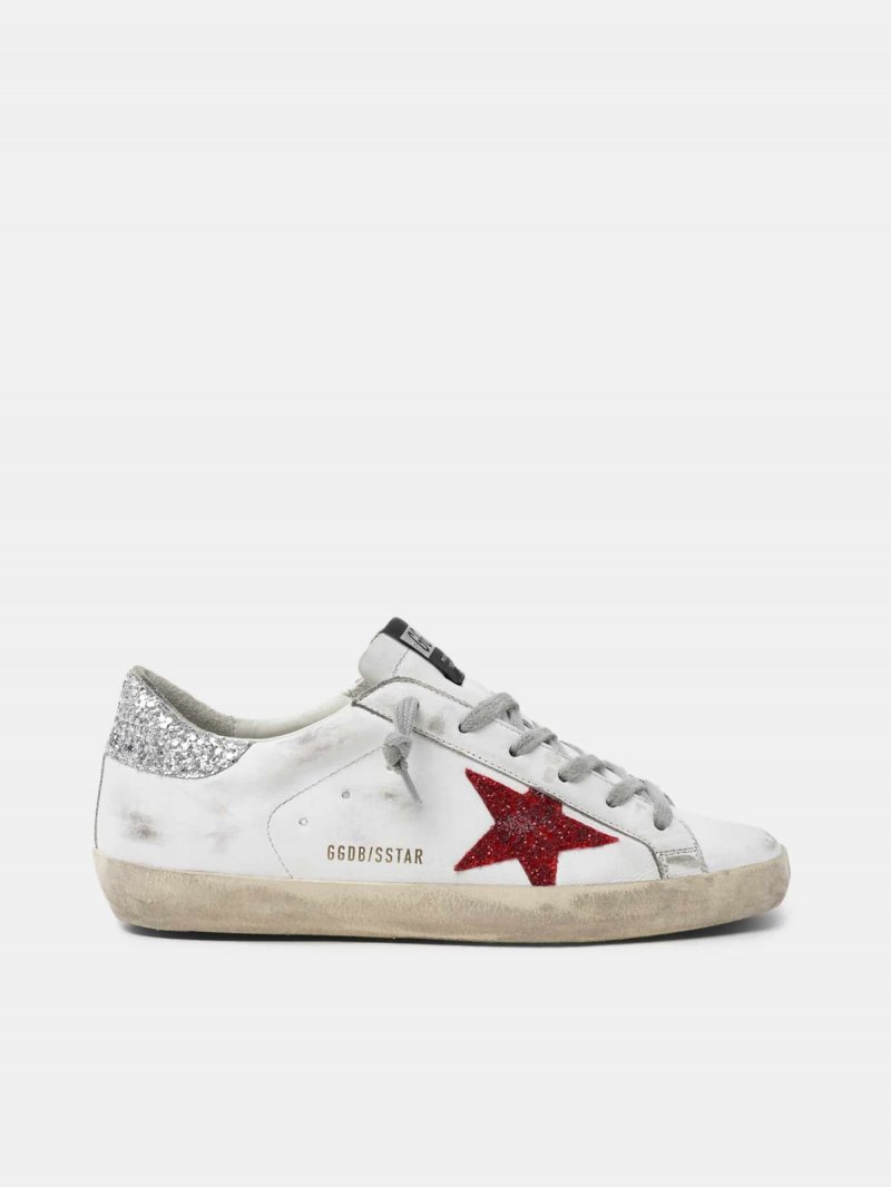 White Super-Star sneakers in leather with glittery red star