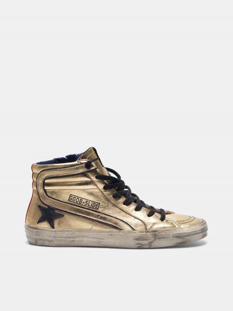 Slide sneakers in gold laminated leather