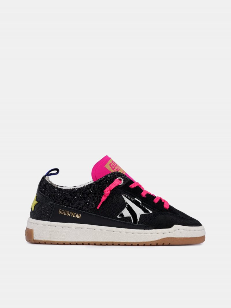 Women??s black Yeah sneakers with glitter and zebra-print star
