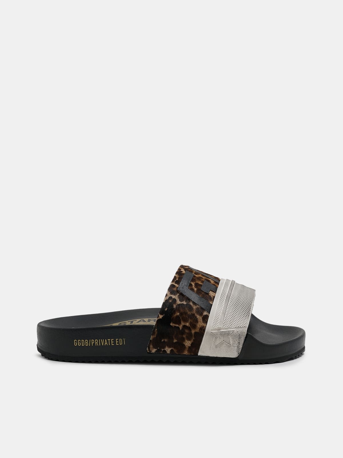 Women??s Poolstars with leopard-print strap and logo