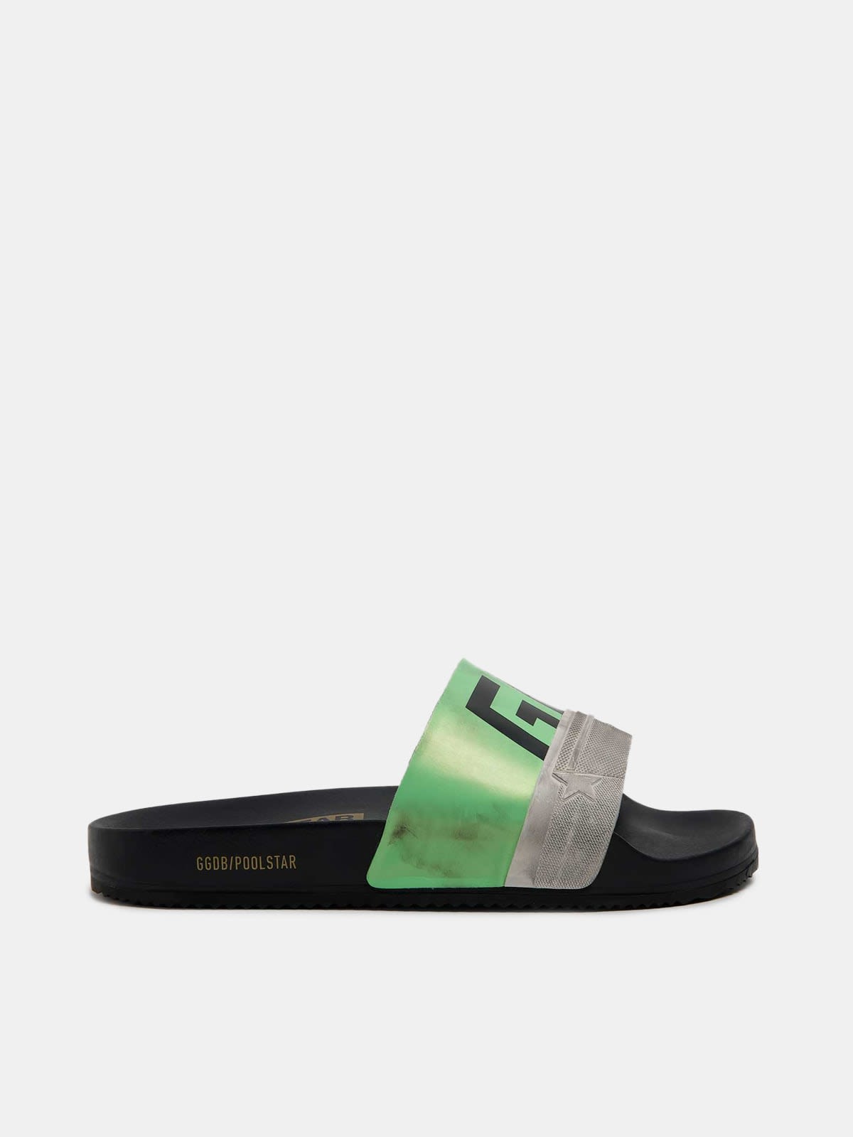 Black Poolstars for men with green strap and logo