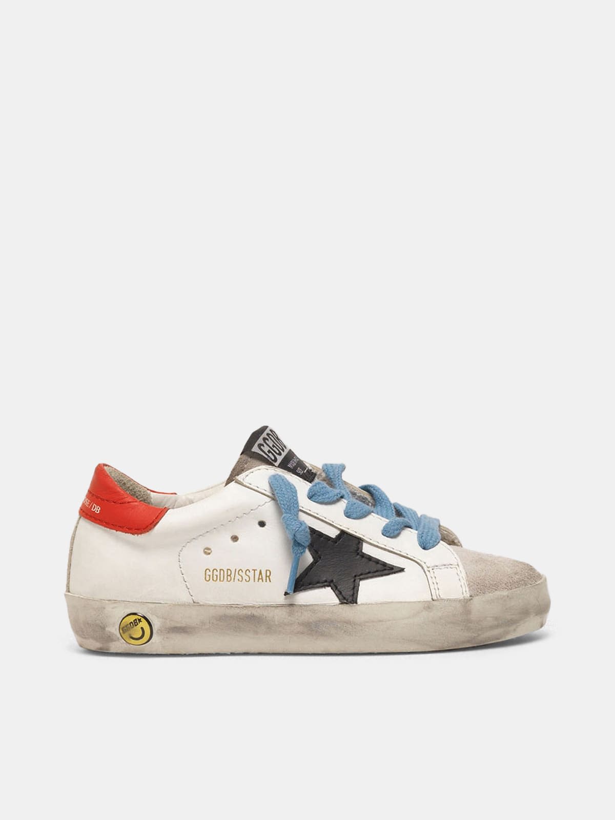 Super-Star sneakers with red heel tab and sky blue laces