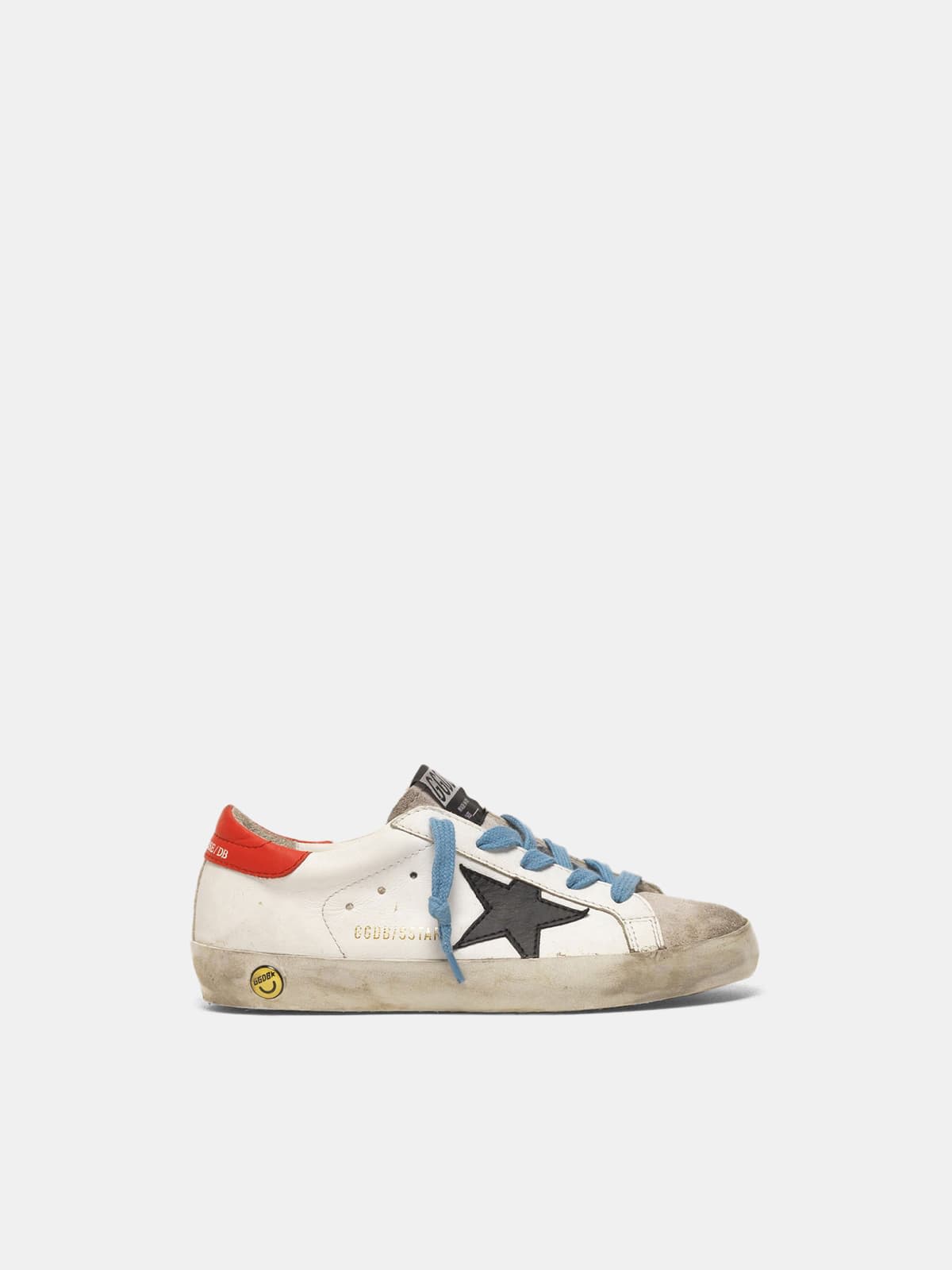 Super-Star sneakers with red heel tab and sky blue laces