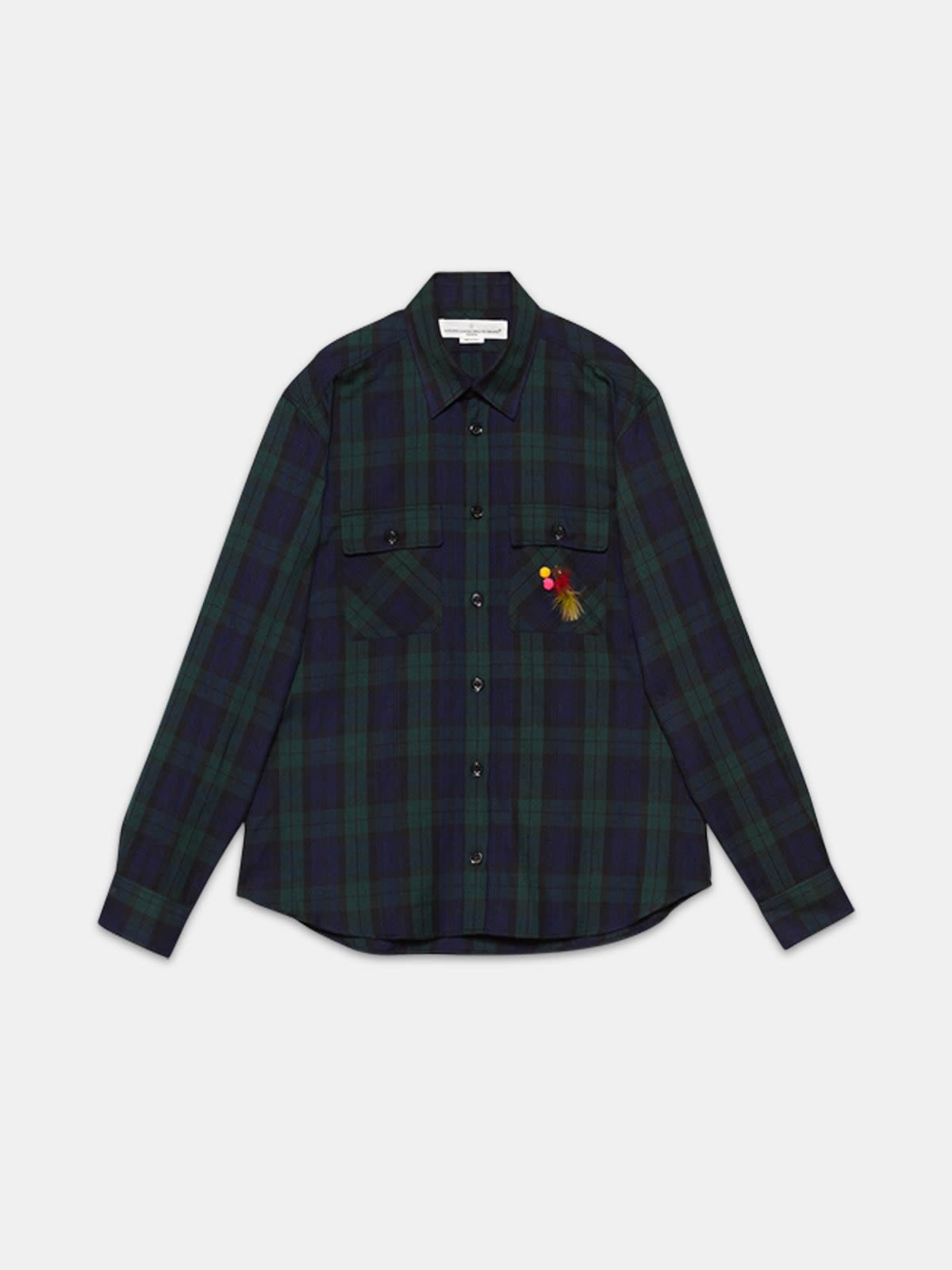 Eiji shirt in tartan with fishing fly decoration