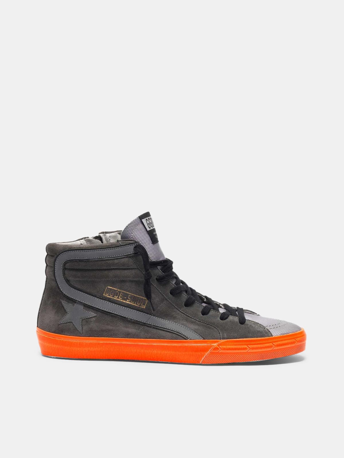 Slide sneakers in suede with high-vis inserts and varnished sole
