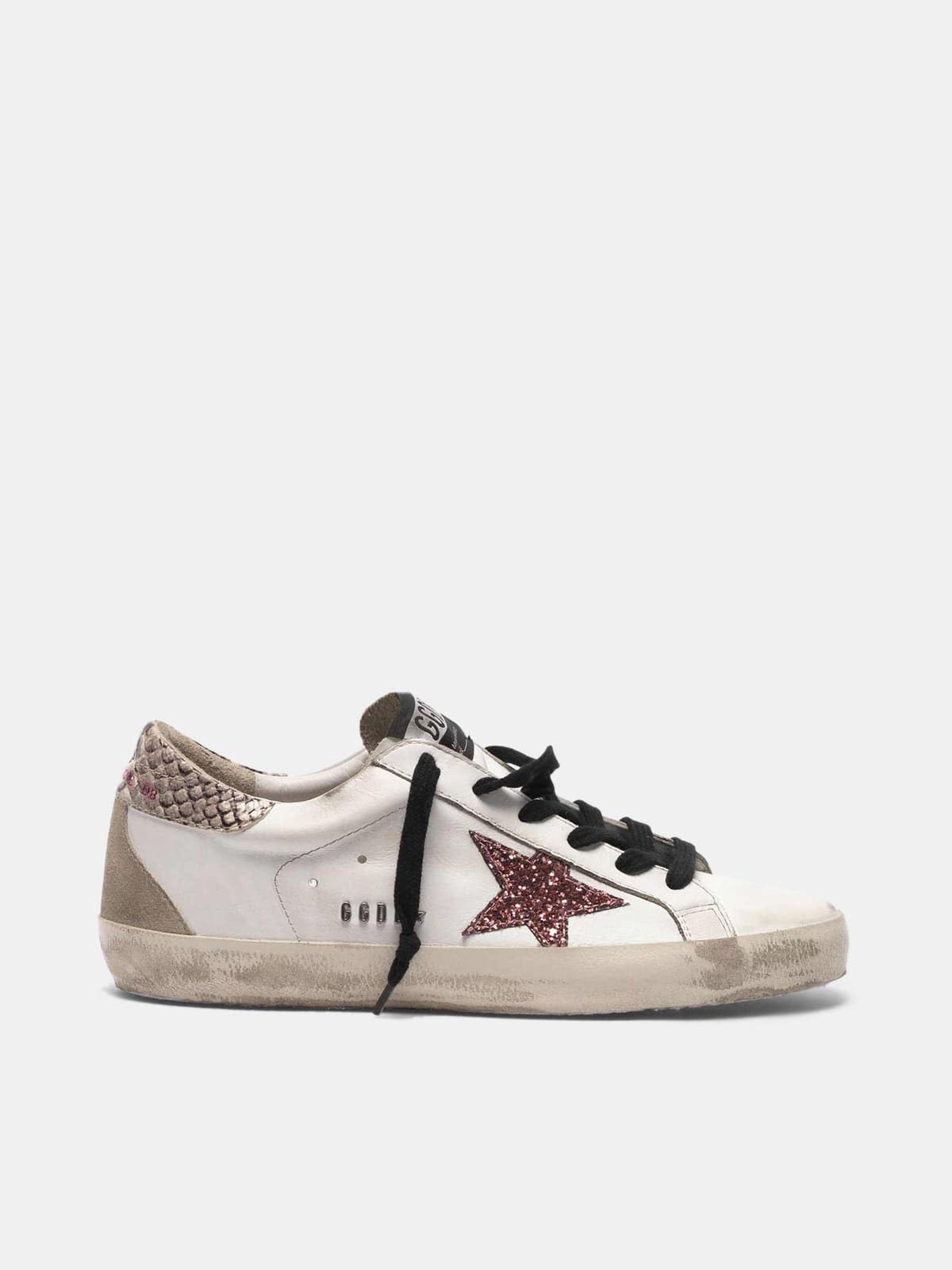 Super-Star sneakers with glitter star, snakeskin print heel tab and metal stud lettering