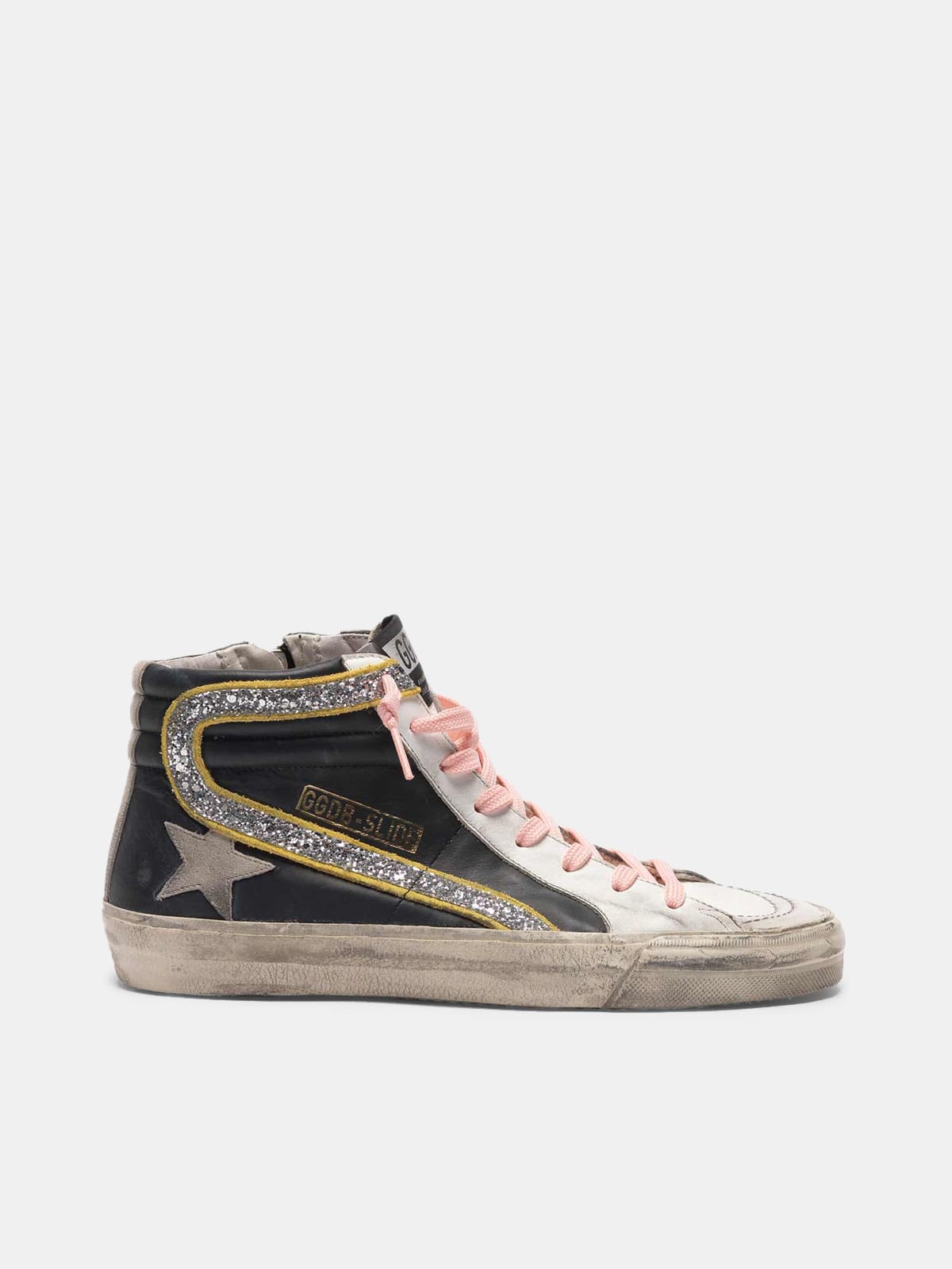 Slide sneakers in two colours with glitter flash and pink laces