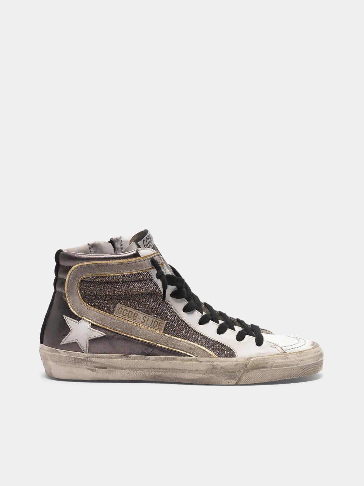 Slide sneakers in metallic leather with shimmer insert