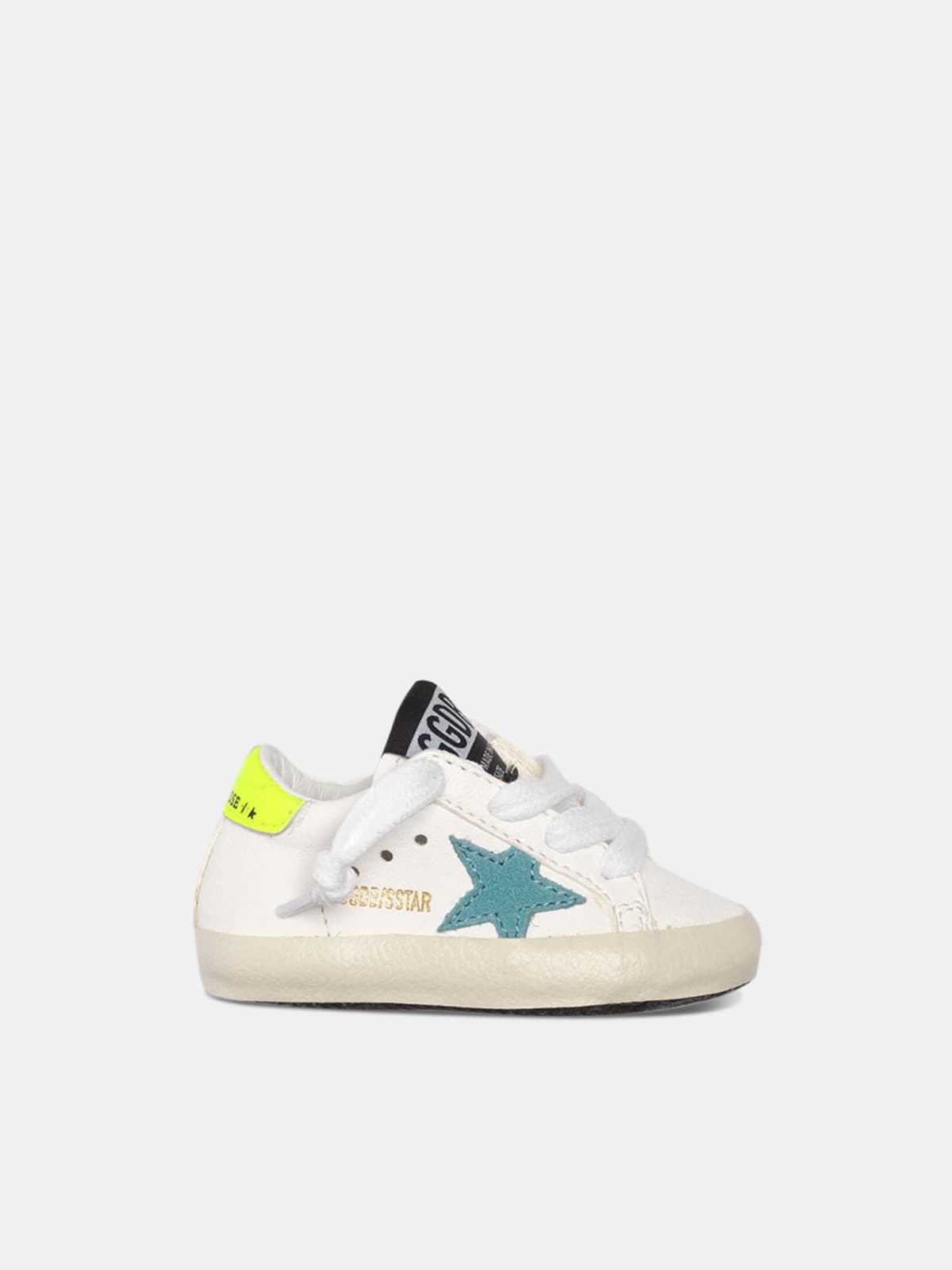 Super-Star sneakers with blue star and fluorescent yellow heel tab