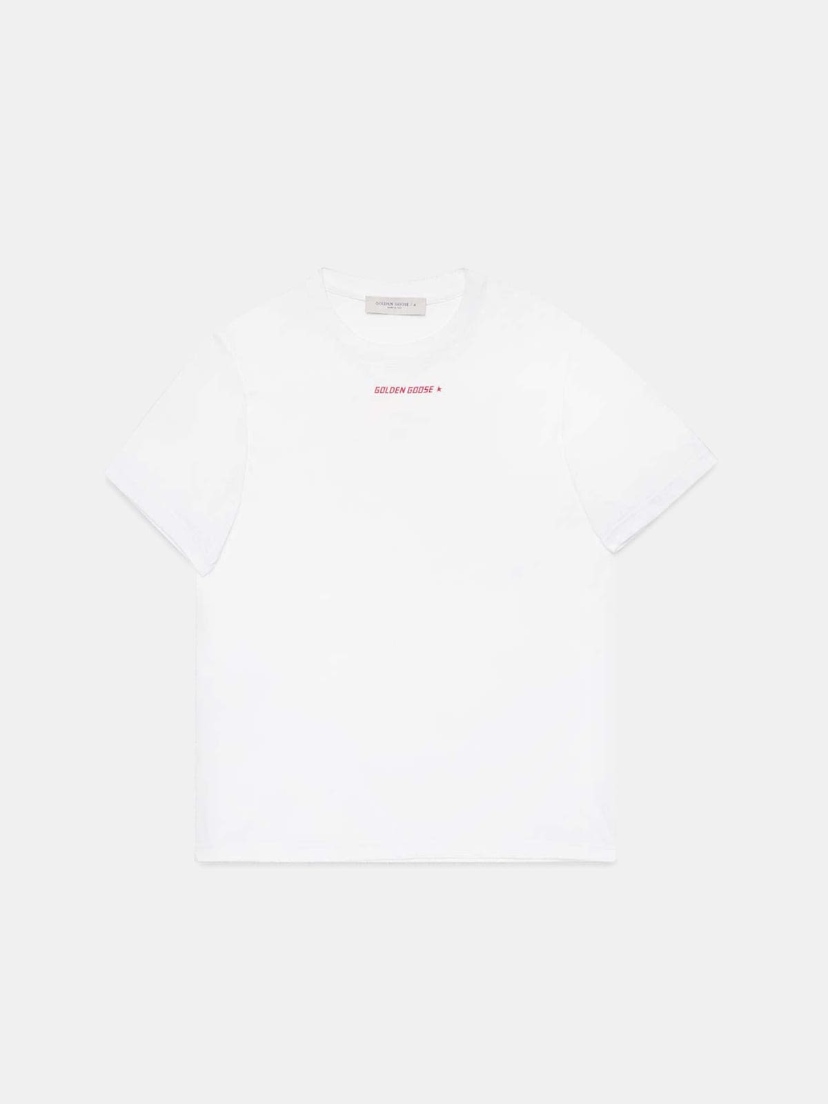 White Golden T-shirt with red flag print on the back