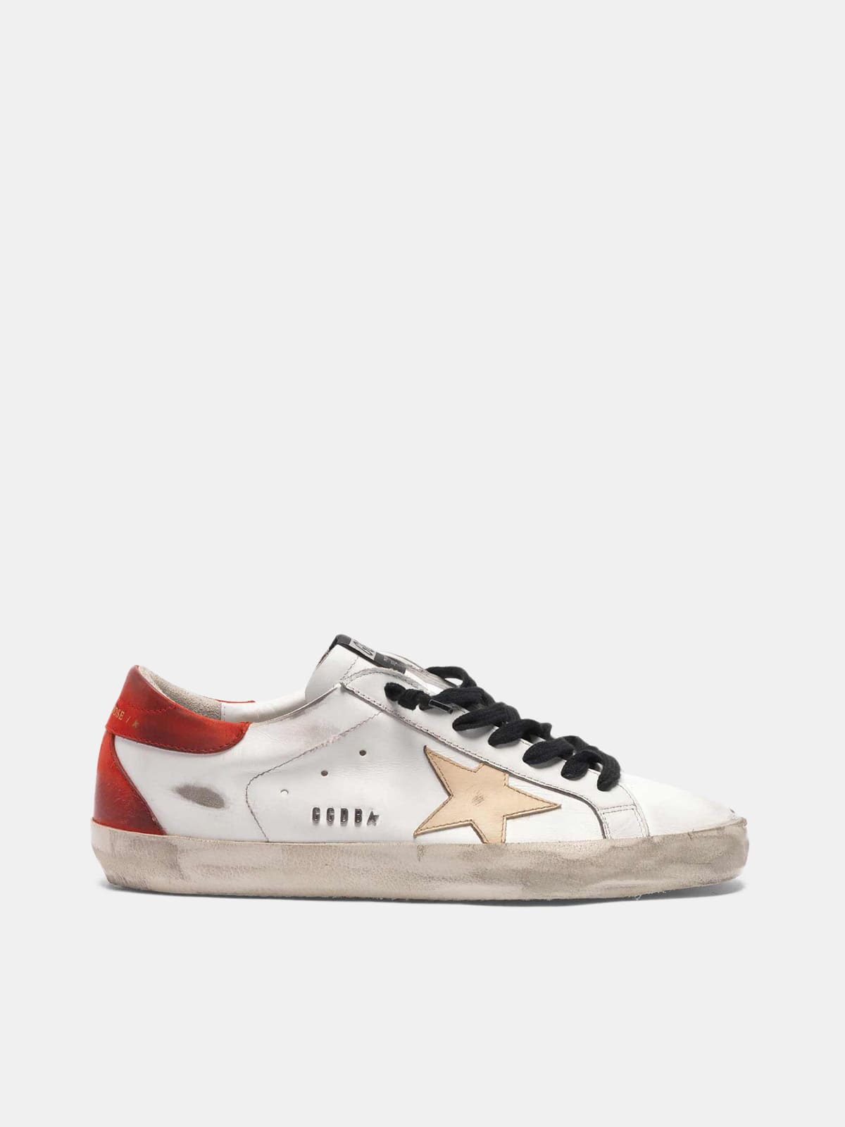 White Super-Star sneakers with red rear and black laces