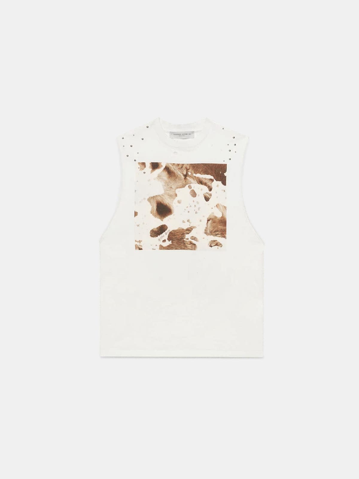 White sleeveless Marfa T-shirt with Cow print