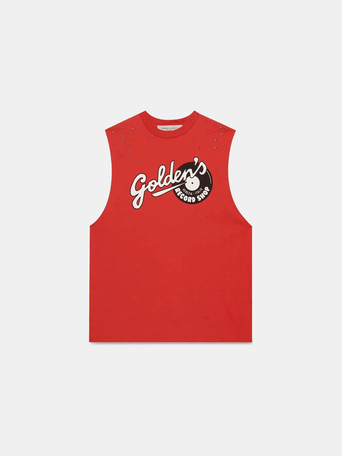 Red sleeveless Marfa T-shirt with Golden print