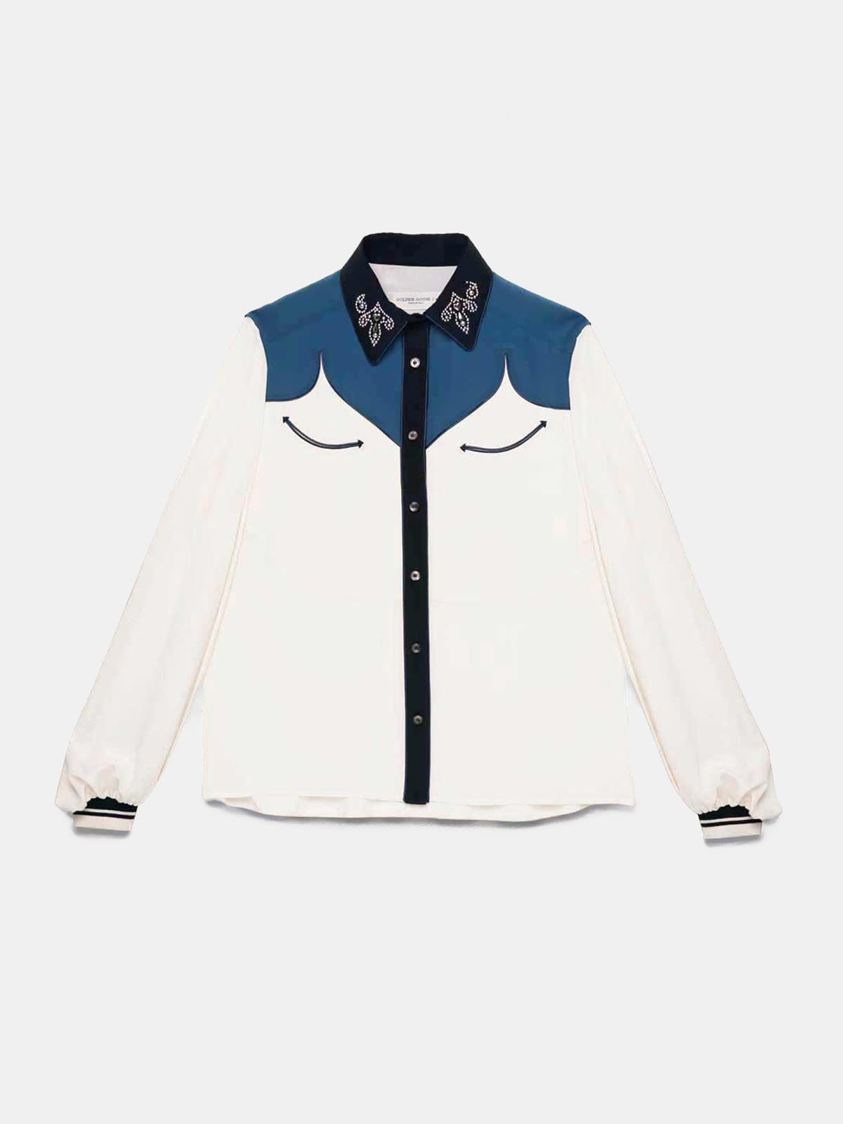 Two-tone Madelyn silk shirt with studs on collar