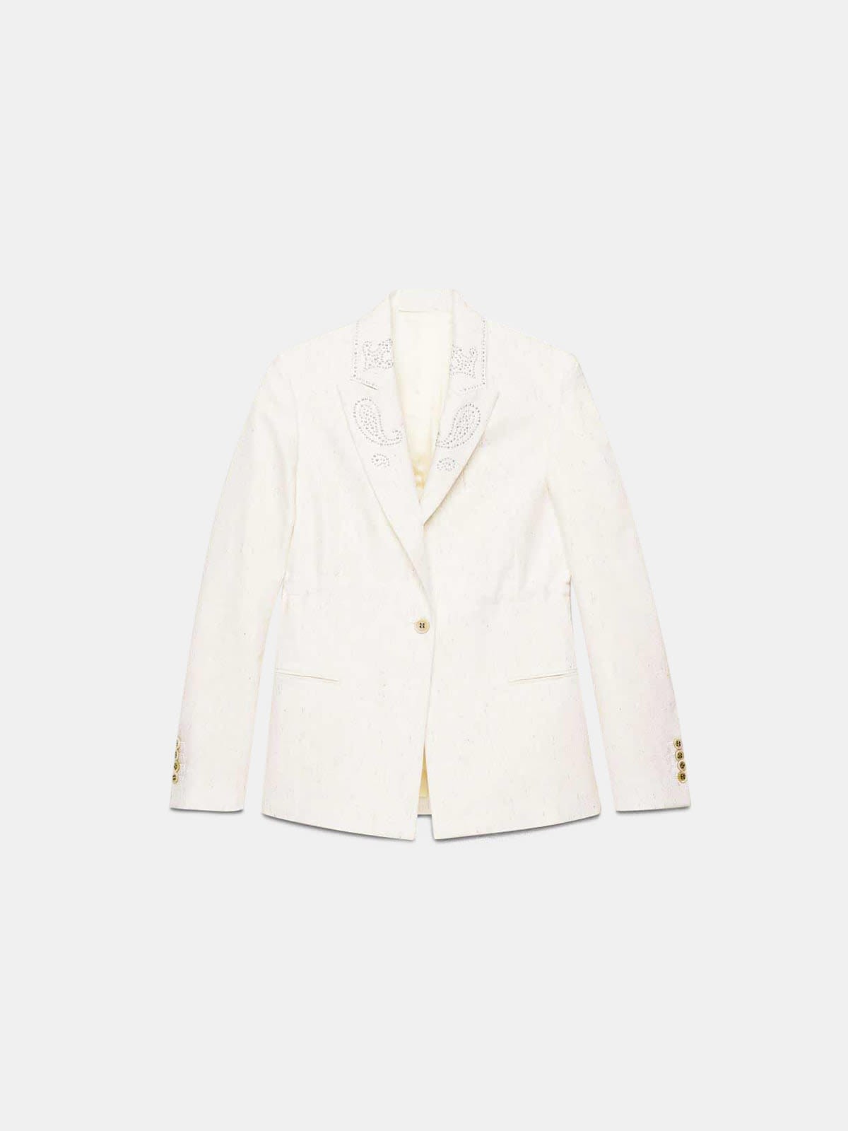Golden jacket with multi-colour threads and studs on lapels